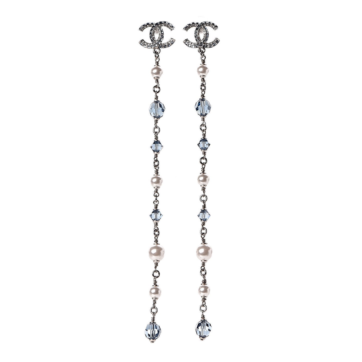 Crystal Pearl Bead CC Long Drop Earrings Silver Blue