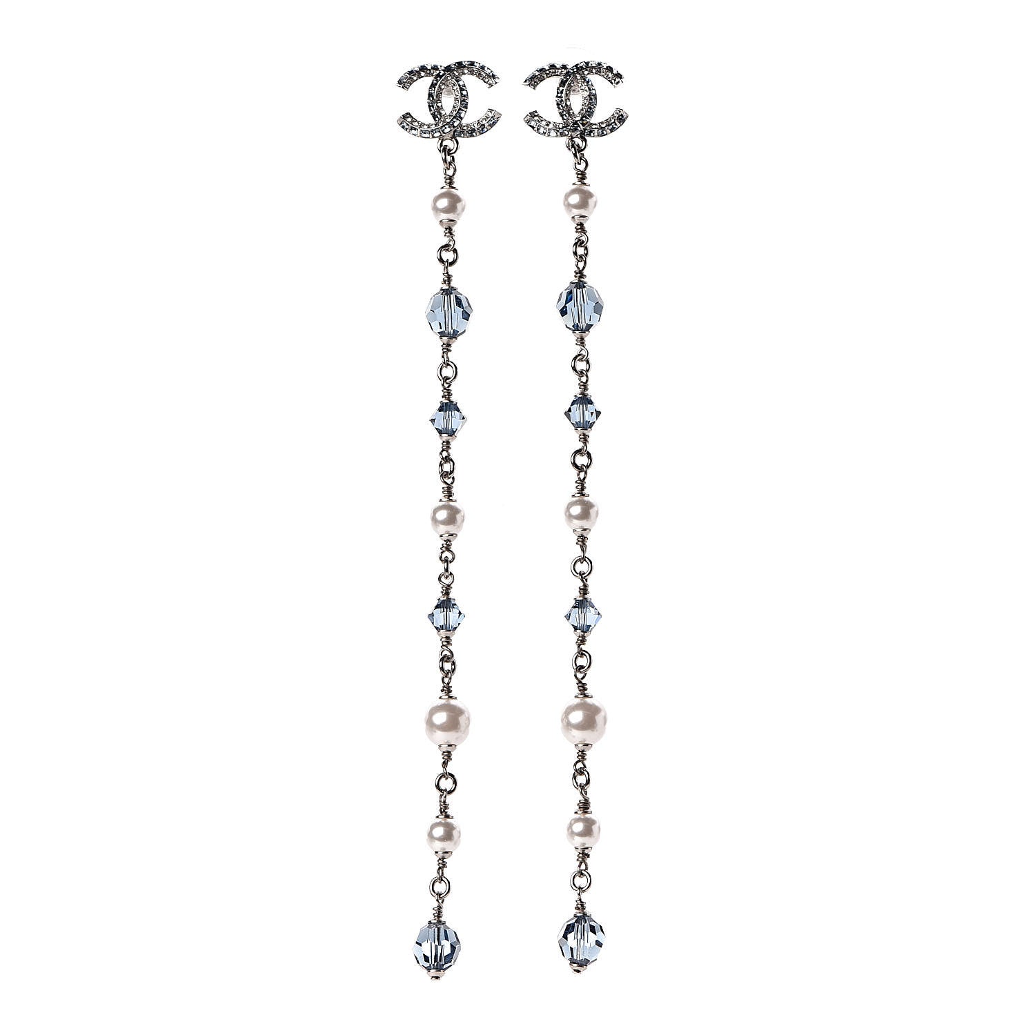 Chanel Crystal Pearl Bead CC Long Drop Earrings Silver Blue 1 of 5