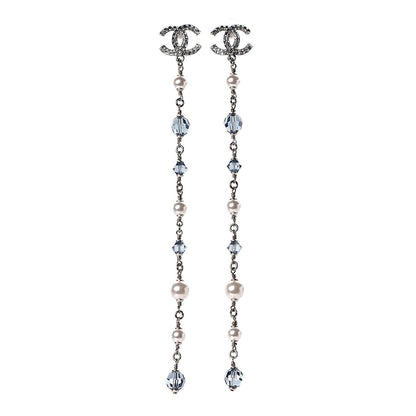 Chanel Crystal Pearl Bead CC Long Drop Earrings Silver Blue 1 of 5