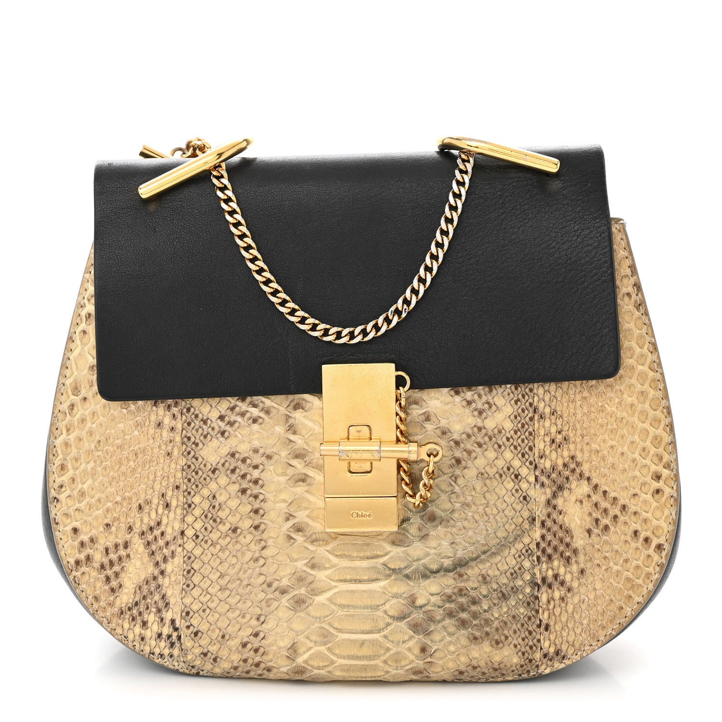 Snakeskin Smooth Calfskin Drew Shoulder Bag Beige Black