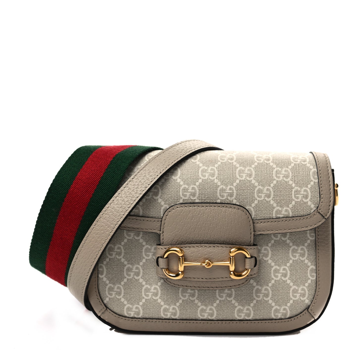 GG Supreme Monogram Textured Dollar Calfskin Web Mini Horsebit 1955 Shoulder Bag Beige Mystic White Oatmeal
