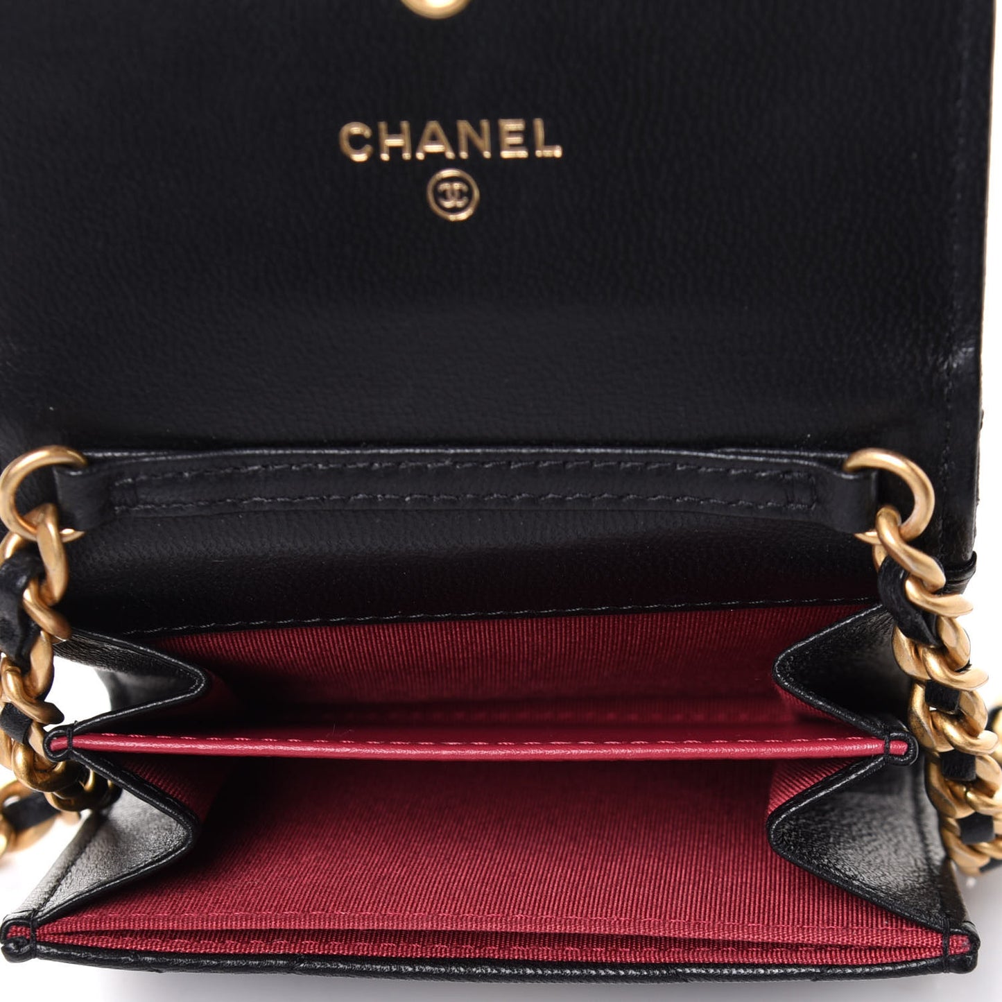 Shiny Goatskin Quilted Chanel 19 Flap Coin Purse With Chain Black