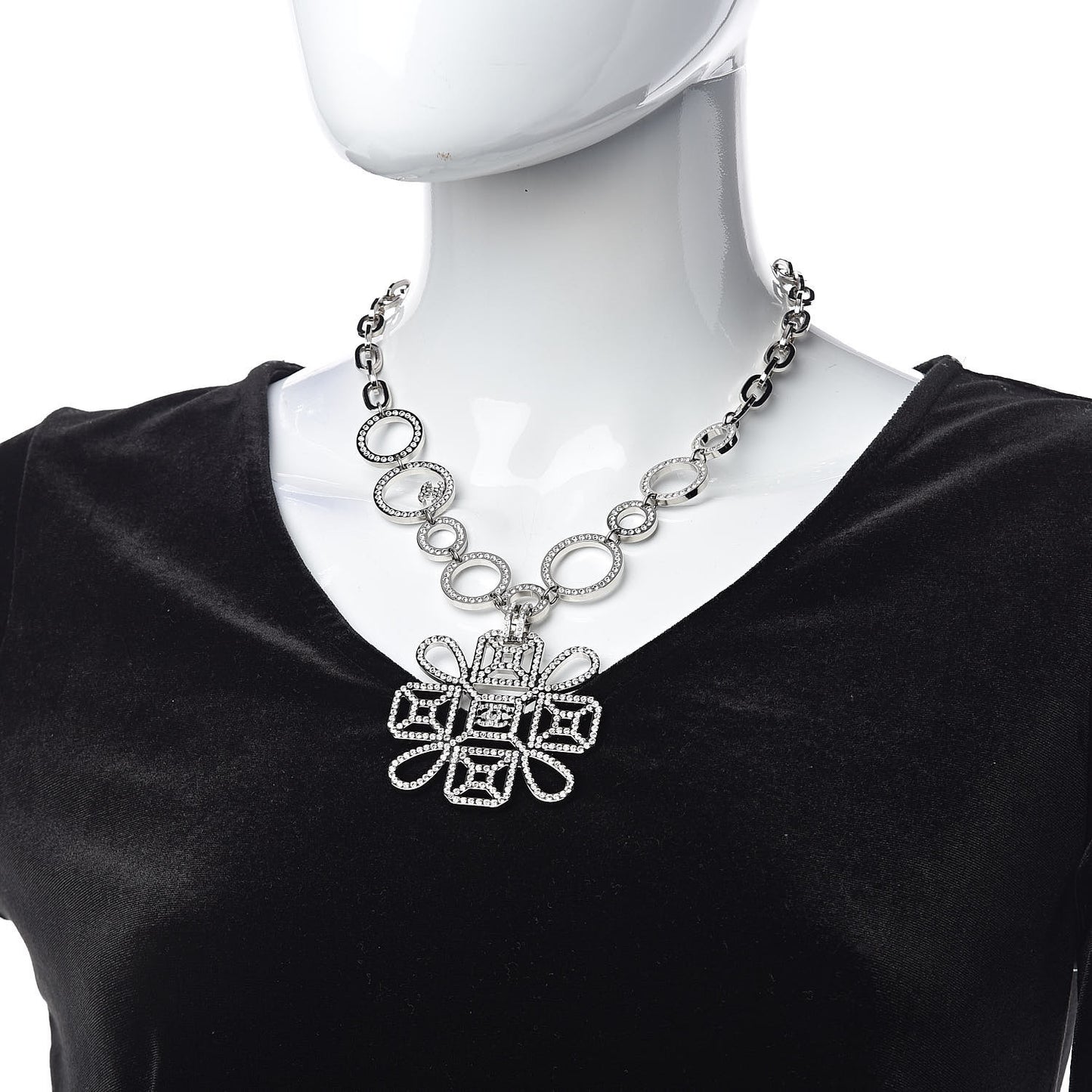 Crystal Strass Cross CC Necklace Silver