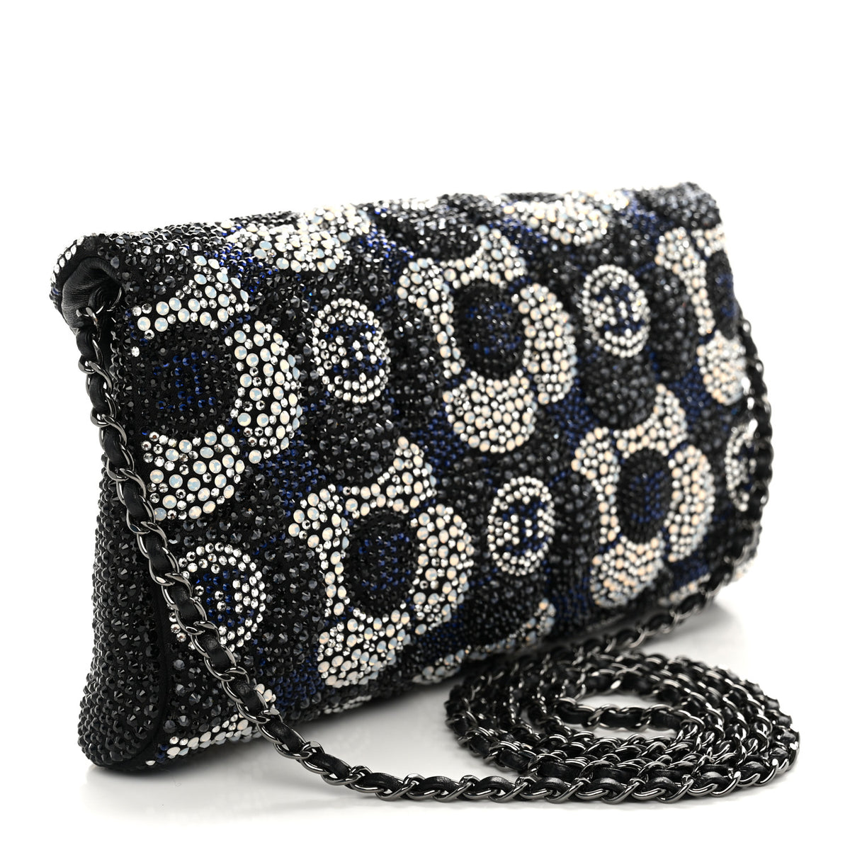 Chanel Satin Strass Flower Clutch With Chain Black White Blue 3 of 10