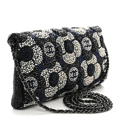 Chanel Satin Strass Flower Clutch With Chain Black White Blue 3 of 10