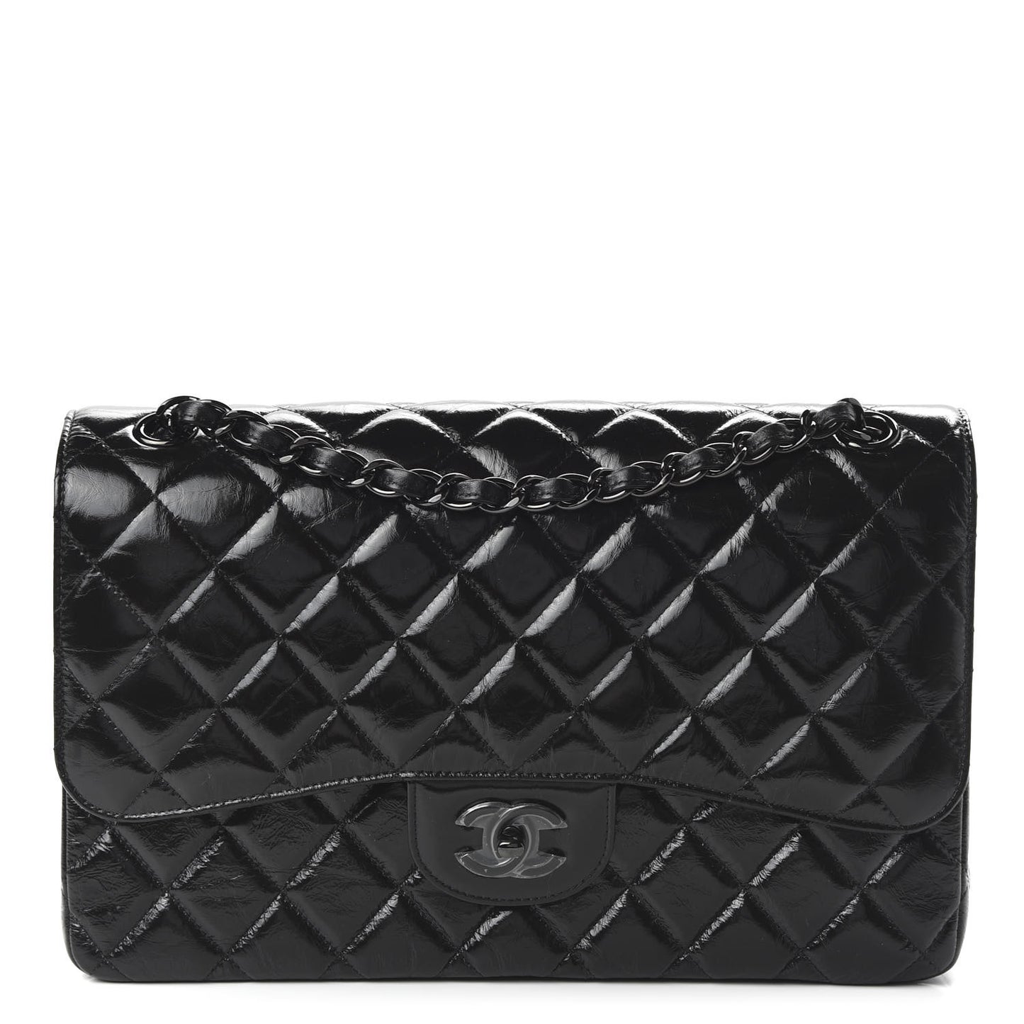 Shiny Distressed Calfskin Quilted Jumbo Double Flap So Black