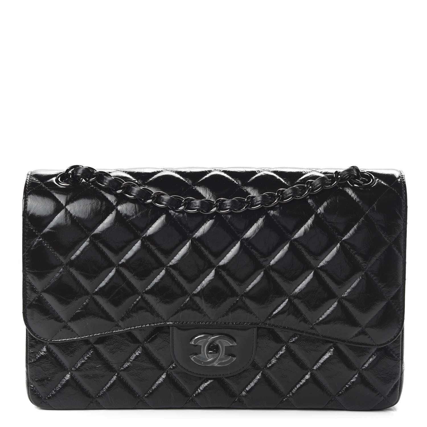 Chanel Shiny Distressed Calfskin Quilted Jumbo Double Flap So Black 1 of 11
