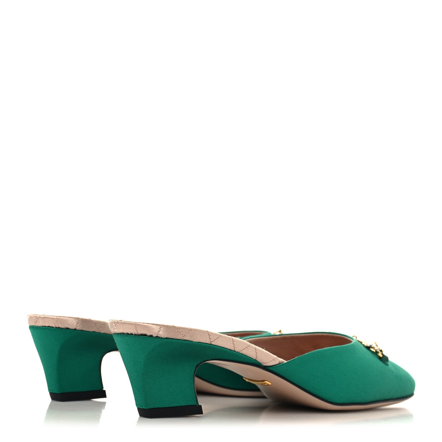 Gucci Silk Satin Crystal Embellished Horsebit Mules 38.5 Shamarock Emerald 5 of 9