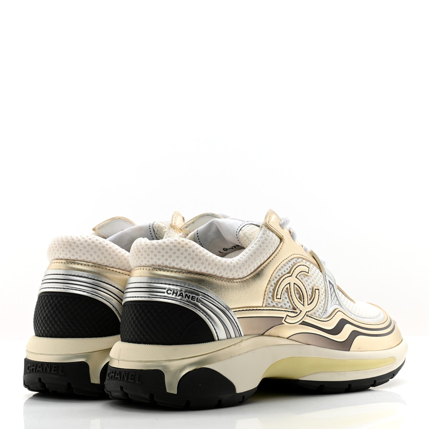 Fabric Laminated Calfskin Stretch CC Sneakers 36.5 White Gold Silver