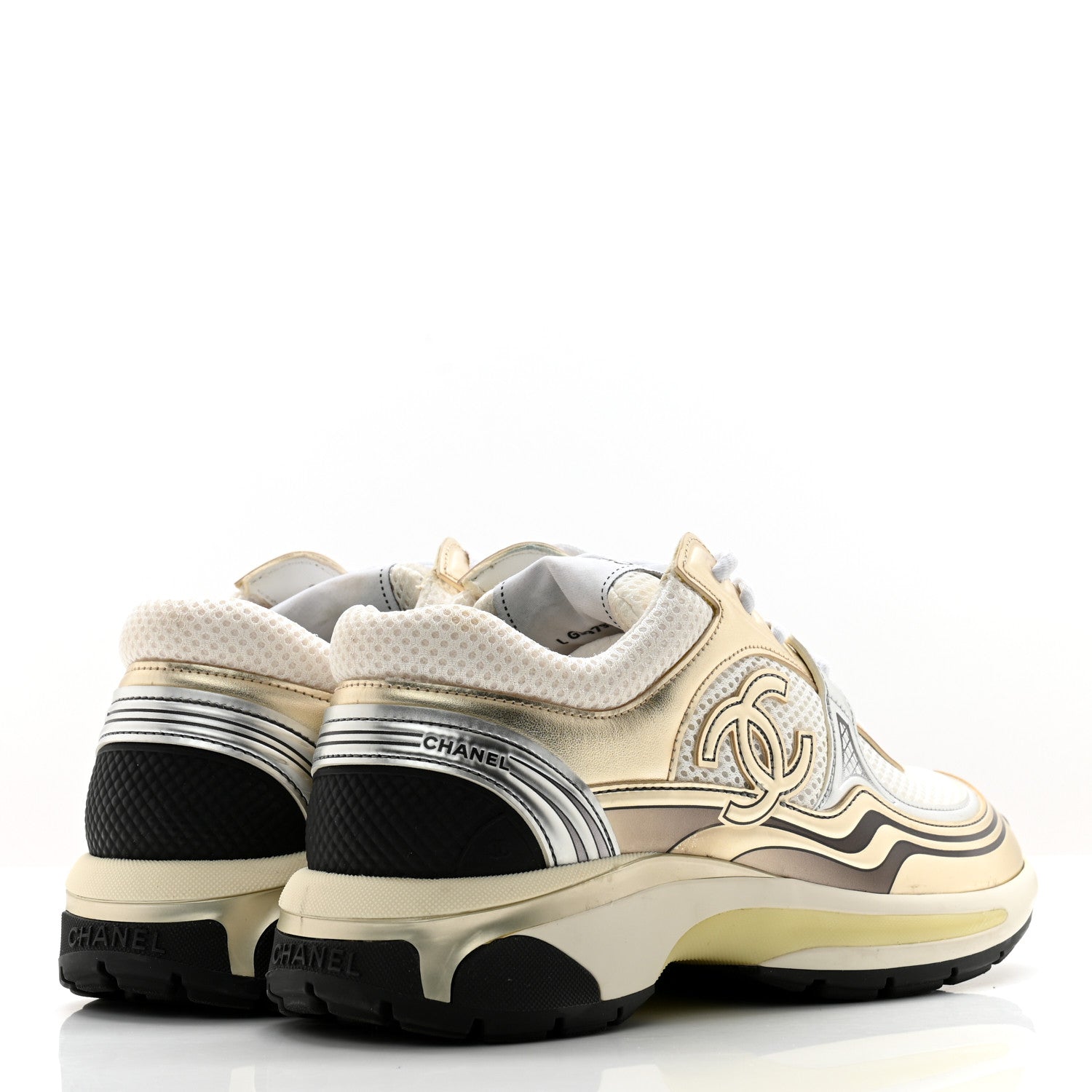 Chanel Fabric Laminated Calfskin Stretch CC Sneakers 36.5 White Gold Silver 4 of 14