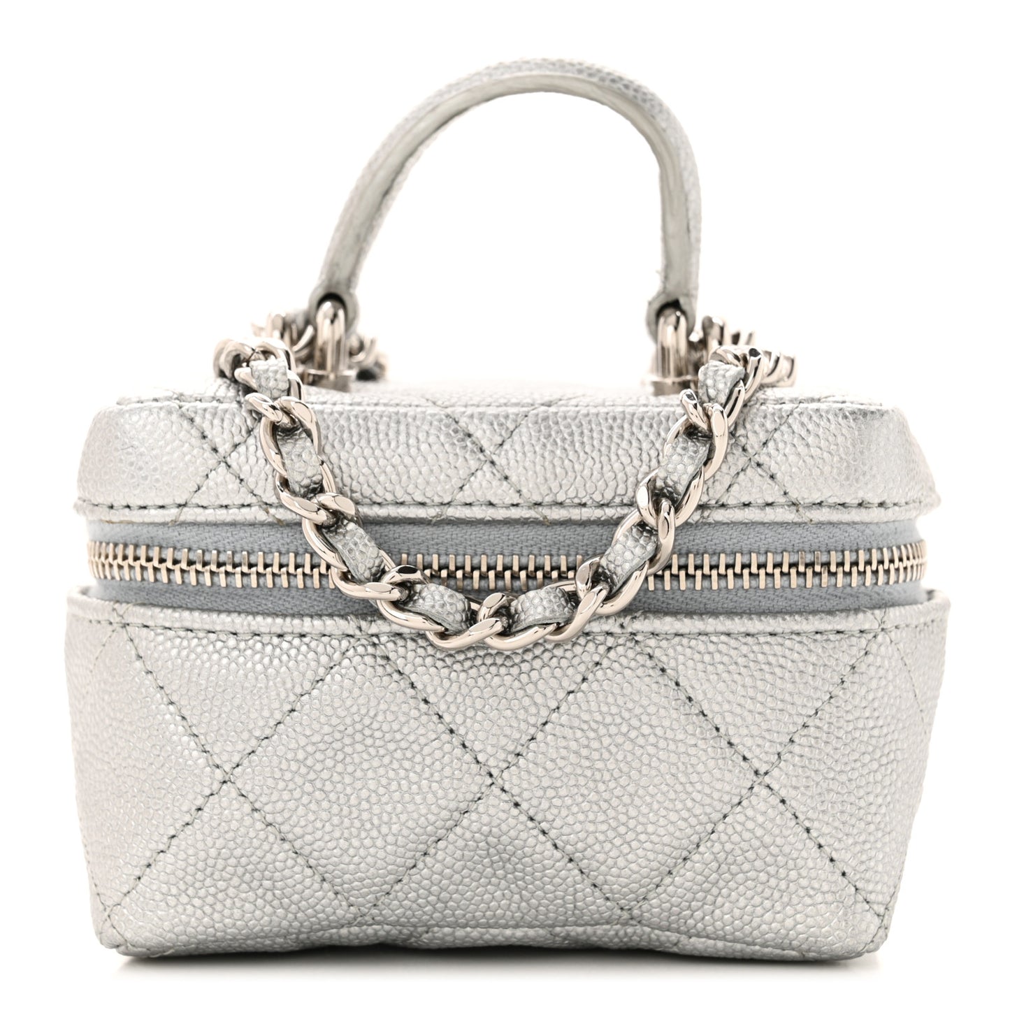 Metallic Caviar Quilted Mini Top Handle Vanity With Chain Silver