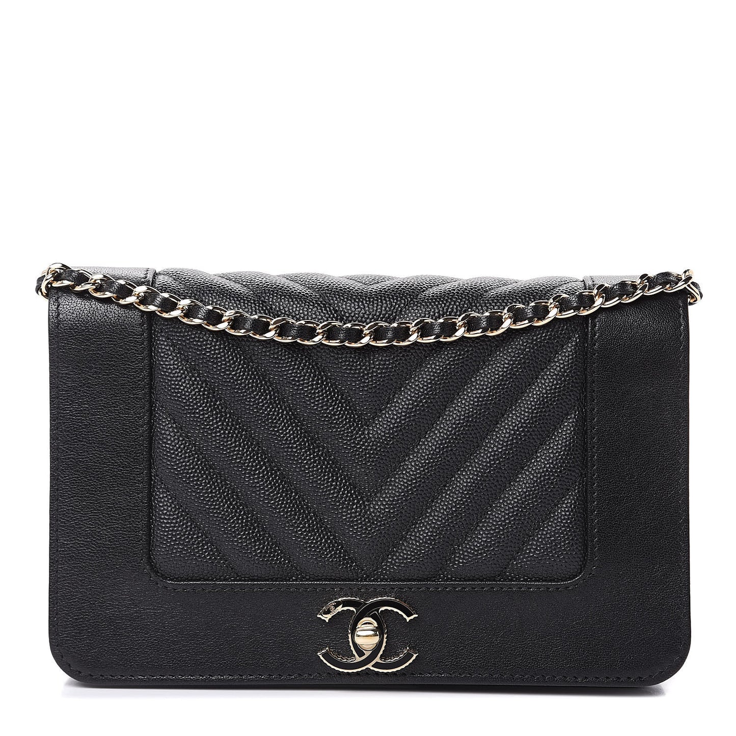 Caviar Sheepskin Chevron Quilted Vintage Mademoiselle Wallet On Chain WOC Black