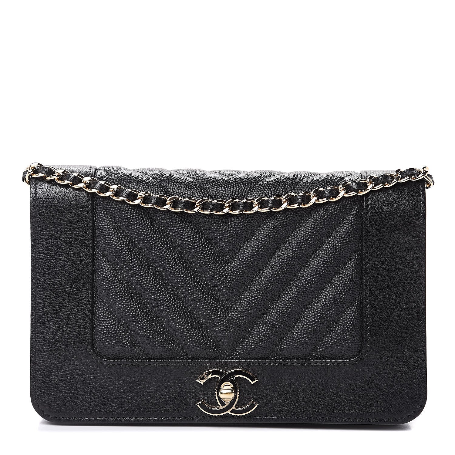 Chanel Caviar Sheepskin Chevron Quilted Vintage Mademoiselle Wallet On Chain WOC Black 1 of 11