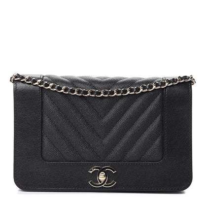 Chanel Caviar Sheepskin Chevron Quilted Vintage Mademoiselle Wallet On Chain WOC Black 1 of 11