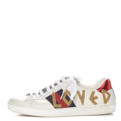 Gucci Calfskin Nappa Web LOVED Embroidered Mens Ace Sneakers 9 White Red Flame Notte 1 of 14