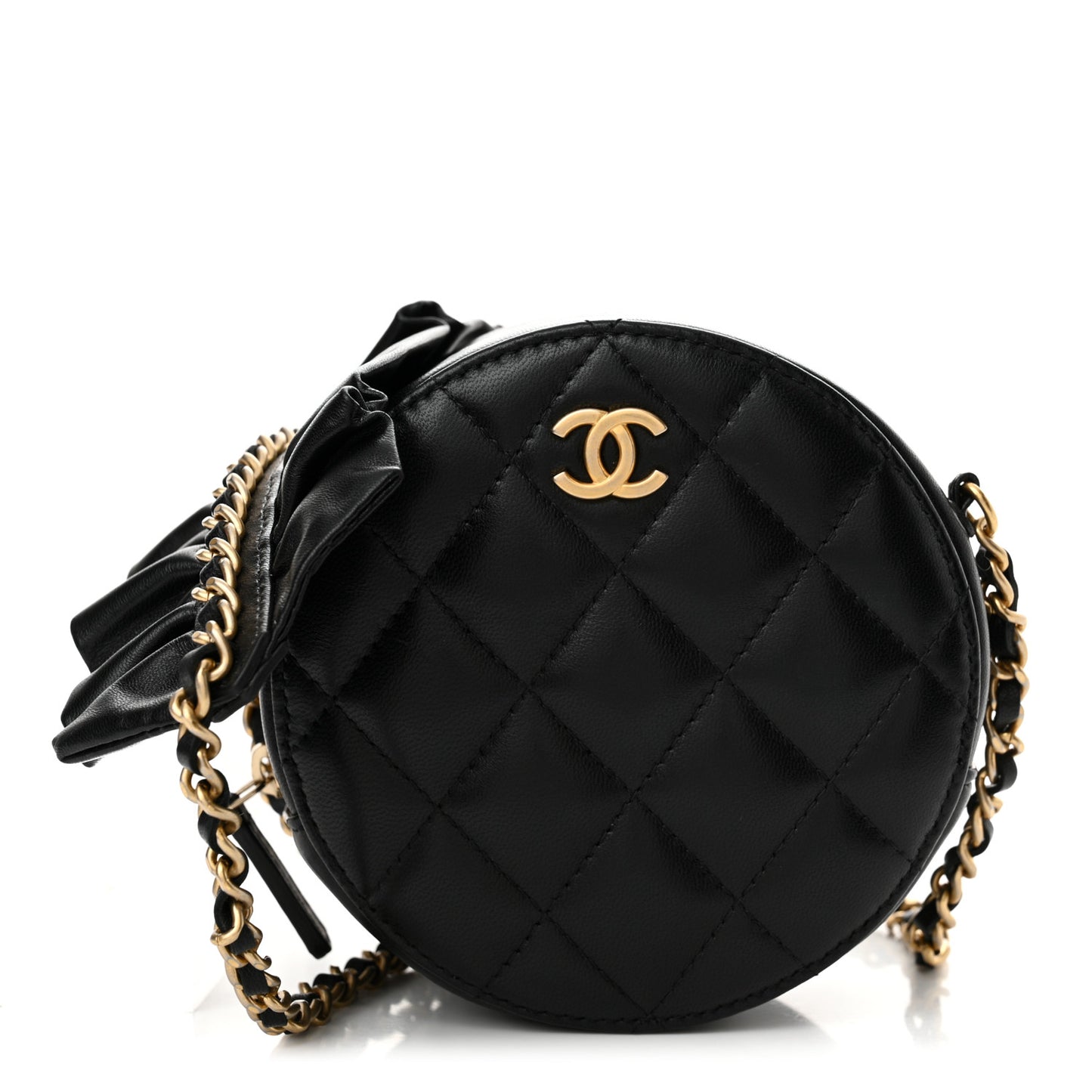 Lambskin Quilted Romance Round Clutch With Chain Black
