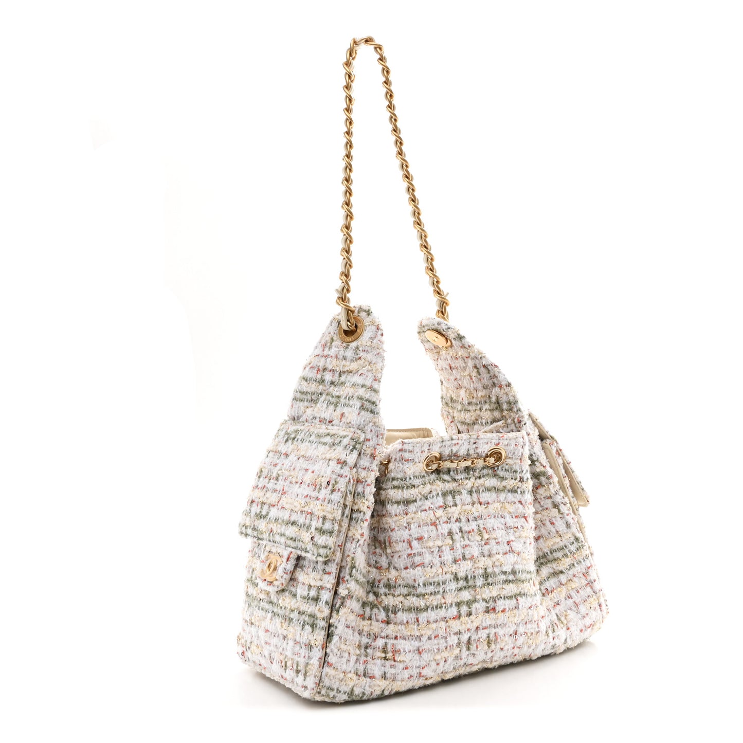 Tweed Quilted Small Chanel 25 Handbag Ecru Khaki Gold Red