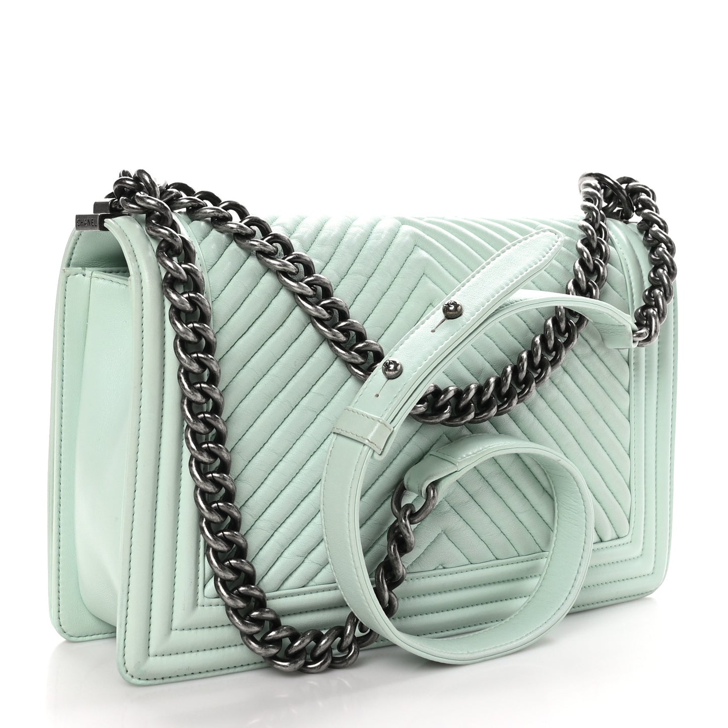 Wrinkled Lambskin Chevron Quilted New Medium Boy Flap Light Green