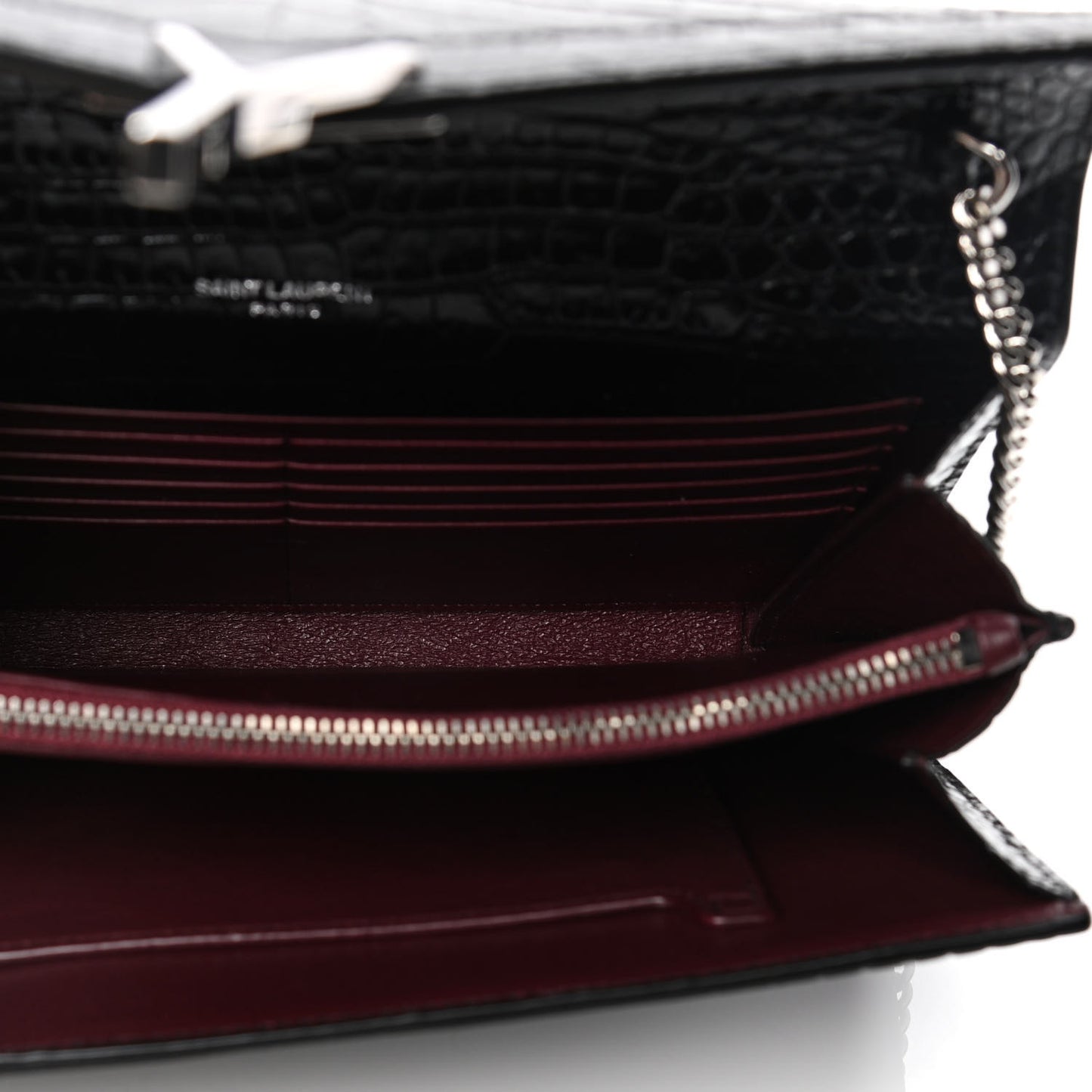 Patent Calfskin Crocodile Embossed Monogram Cassandra Chain Wallet Black