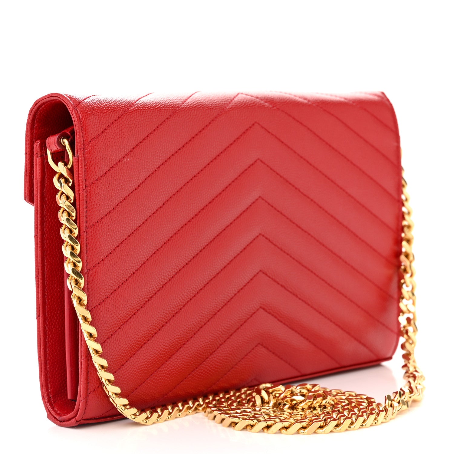 Saint Laurent Grain De Poudre Matelasse Chevron Monogram Chain Wallet Red 3 of 14