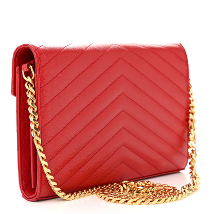 Saint Laurent Grain De Poudre Matelasse Chevron Monogram Chain Wallet Red 3 of 14