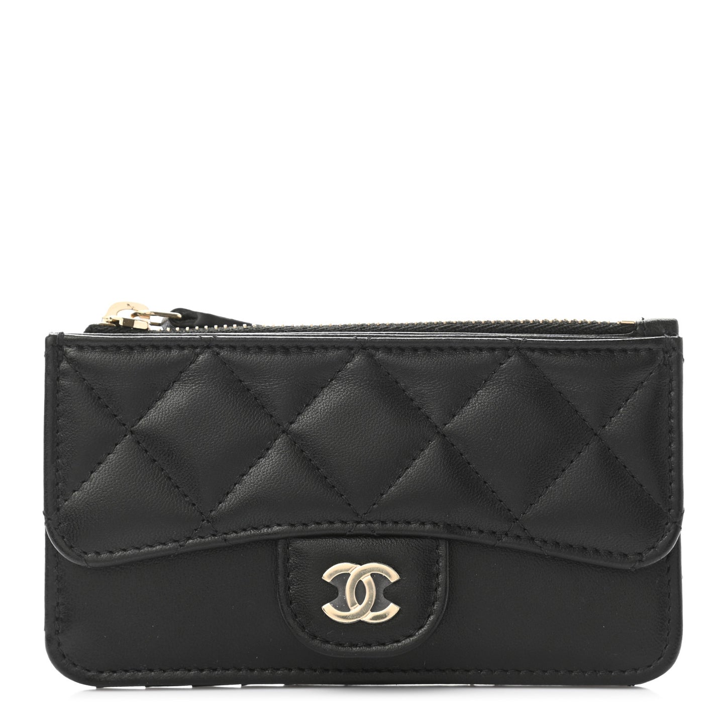 Lambskin Quilted Flap Zip Card Holder Black