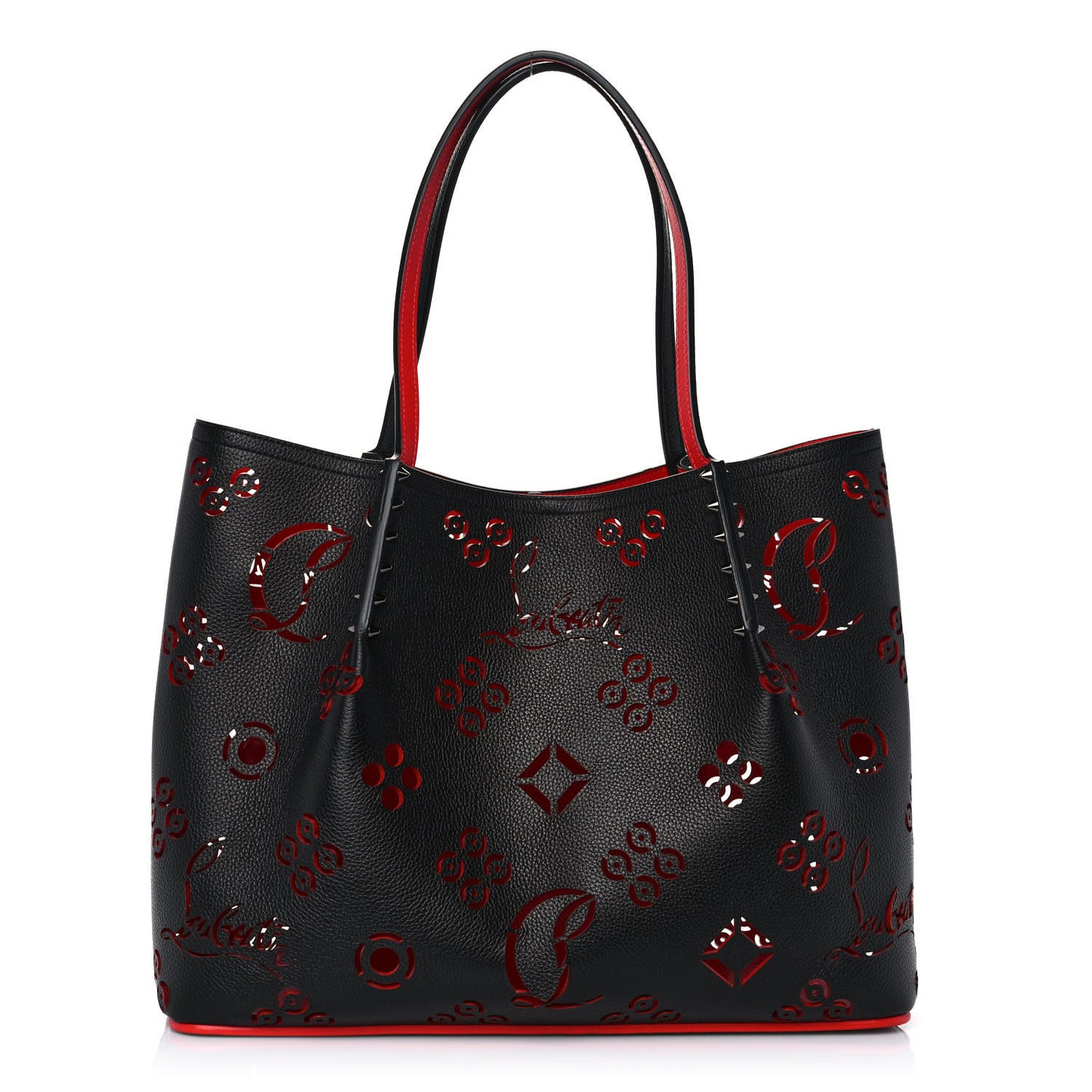 Calfskin Loubinthesky Large Perforated Cabarock Spikes Tote Black