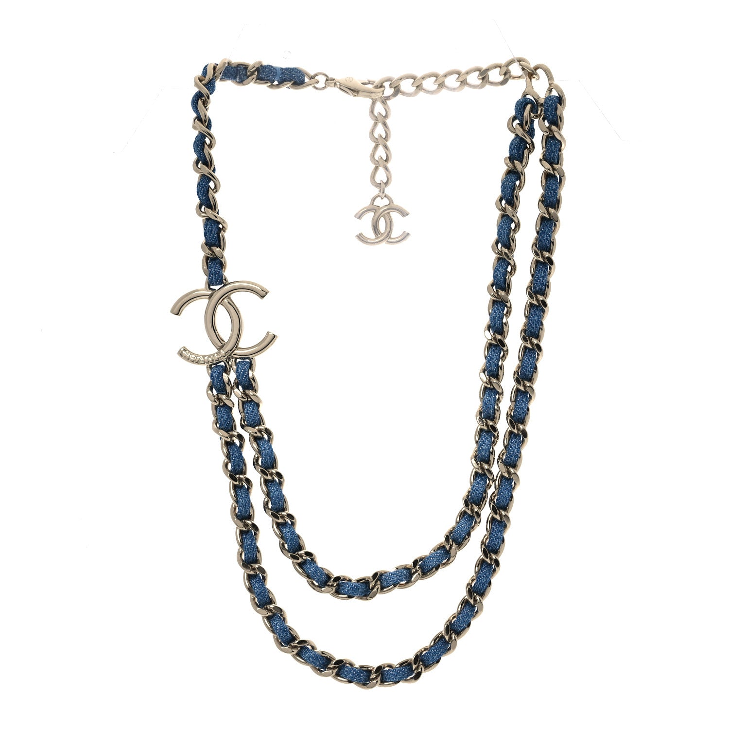Chanel Metal Denim CC Double Chain Necklace Blue Gold 3 of 7