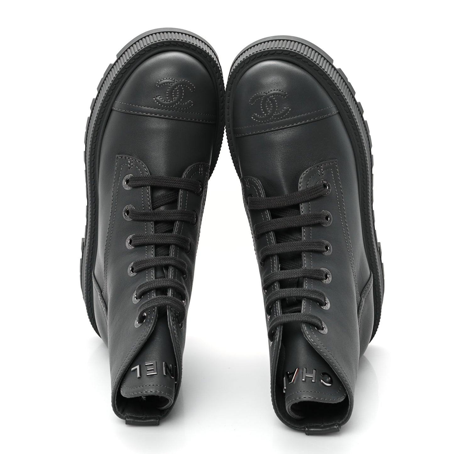 Calfskin CC Lace Up Combat Boots 36.5 Gray