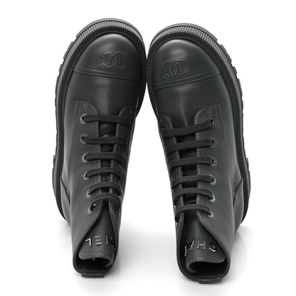 Chanel Calfskin CC Lace Up Combat Boots 36.5 Gray 2 of 12