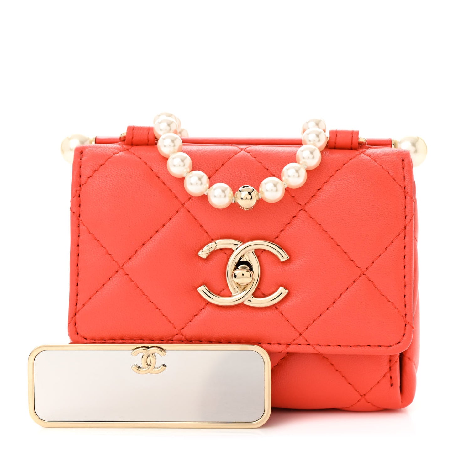 Lambskin Pearl Quilted Flap Clutch With Chain Coral