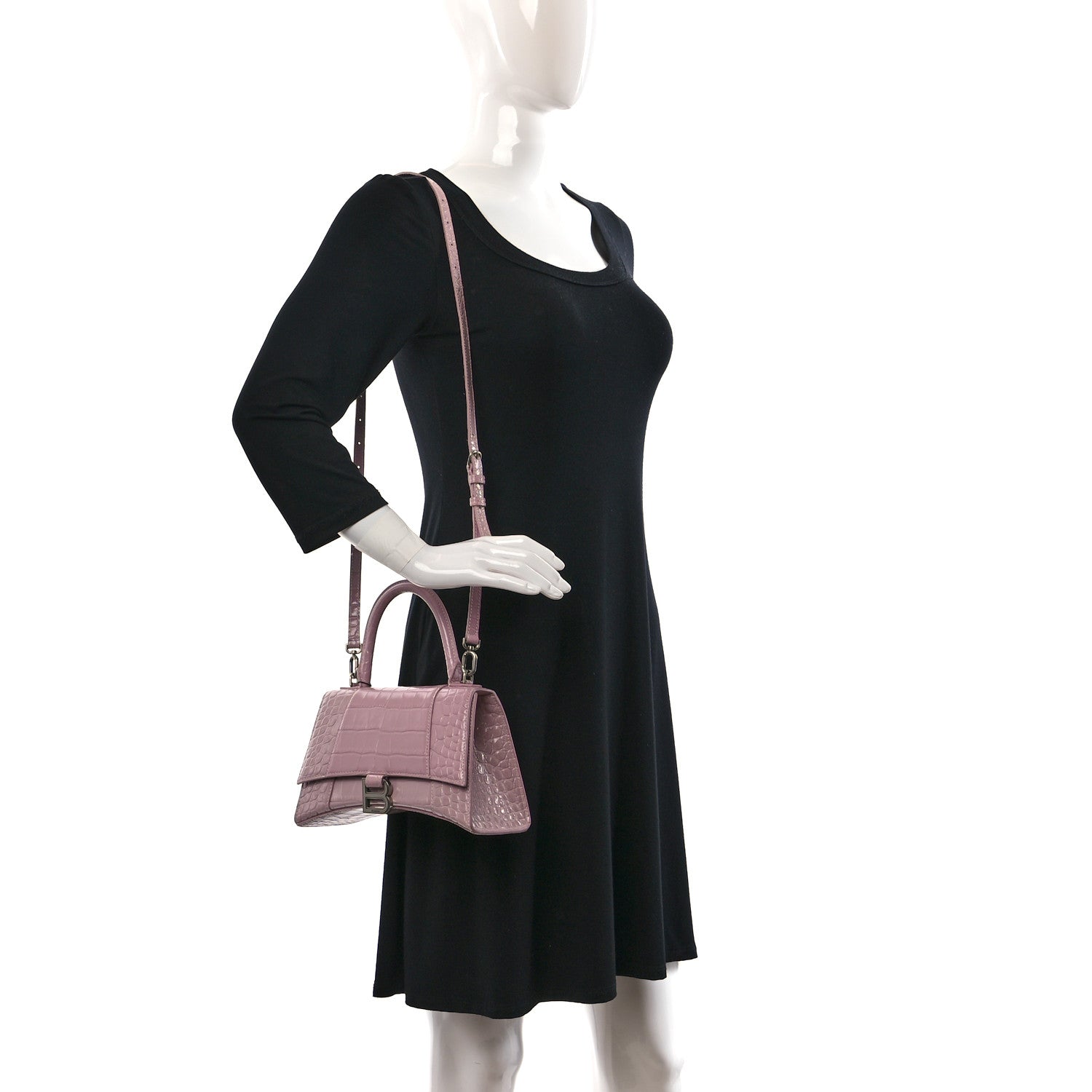 Balenciaga Shiny Calfskin Crocodile Embossed Small Hourglass Top Handle Bag Powder Pink 2 of 10