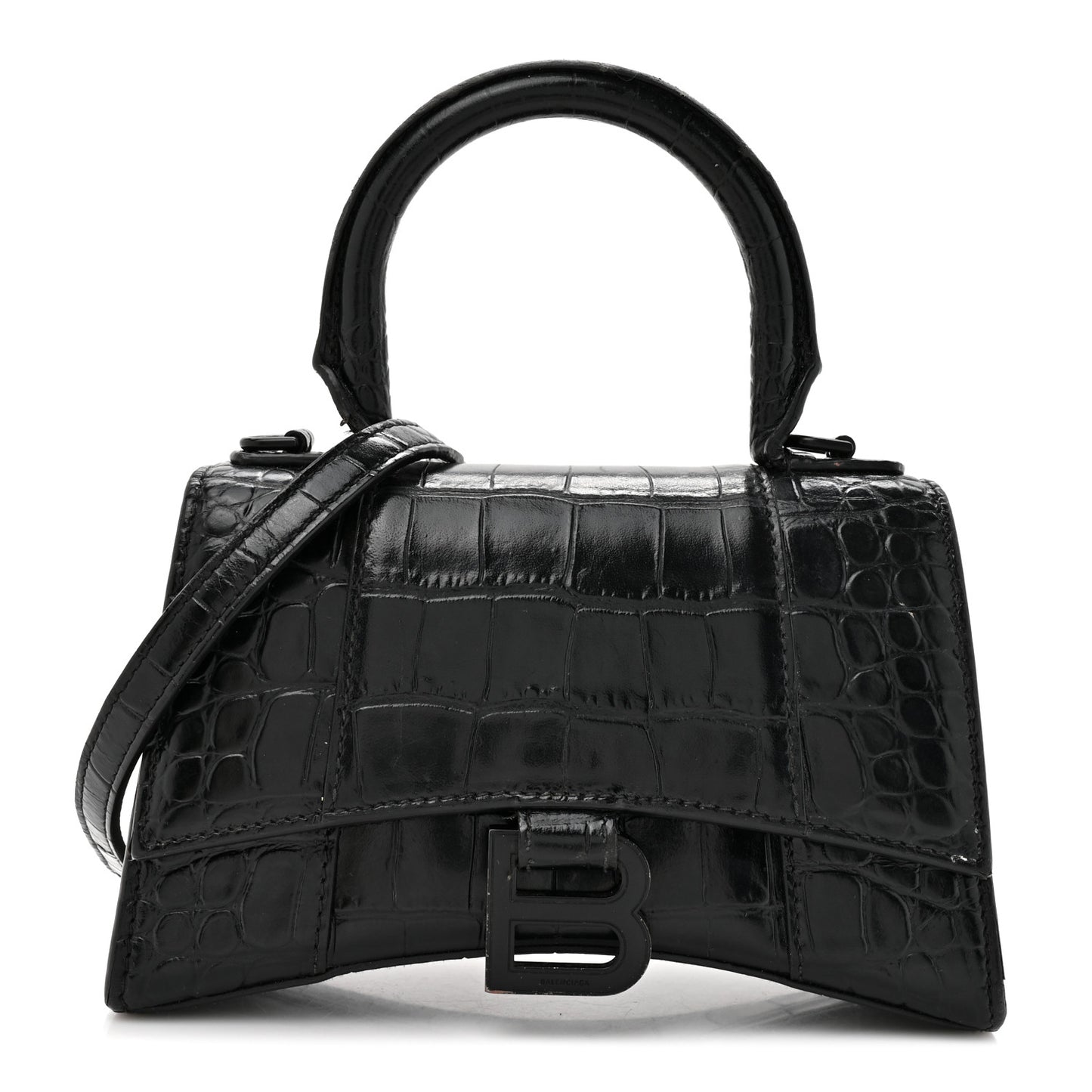 Shiny Calfskin Monochrome Crocodile Embossed Hourglass Top Handle Bag XS Black
