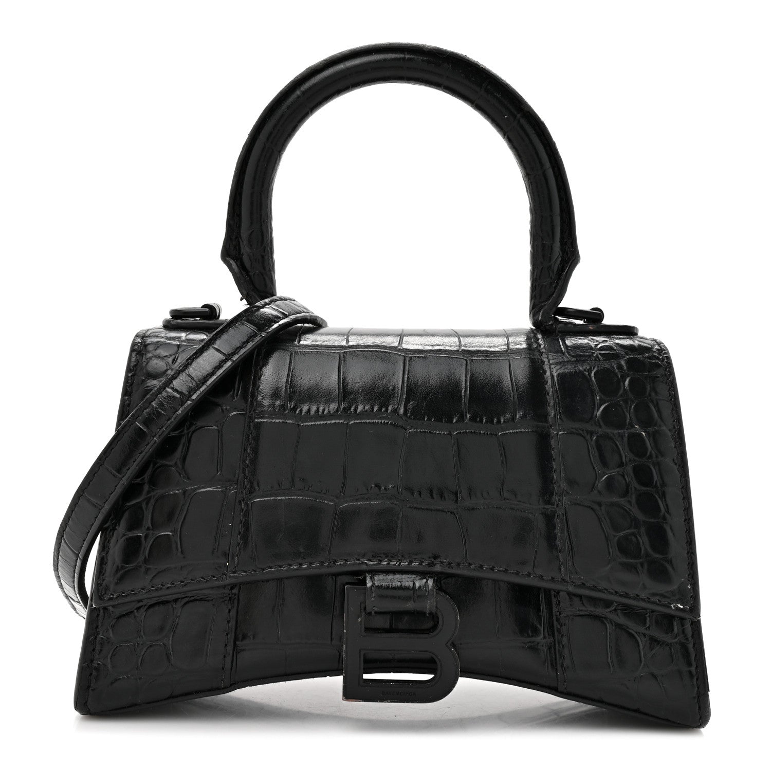 Balenciaga Shiny Calfskin Monochrome Crocodile Embossed Hourglass Top Handle Bag XS Black 1 of 17