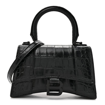 Balenciaga Shiny Calfskin Monochrome Crocodile Embossed Hourglass Top Handle Bag XS Black 1 of 17