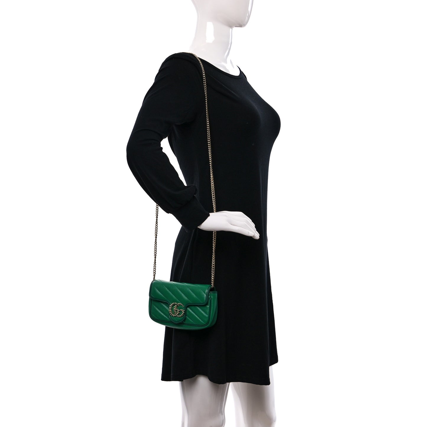 Azalea Calfskin Enamel Matelasse Diagonal Super Mini Torchon GG Marmont Shoulder Bag New Shamarock Emerald