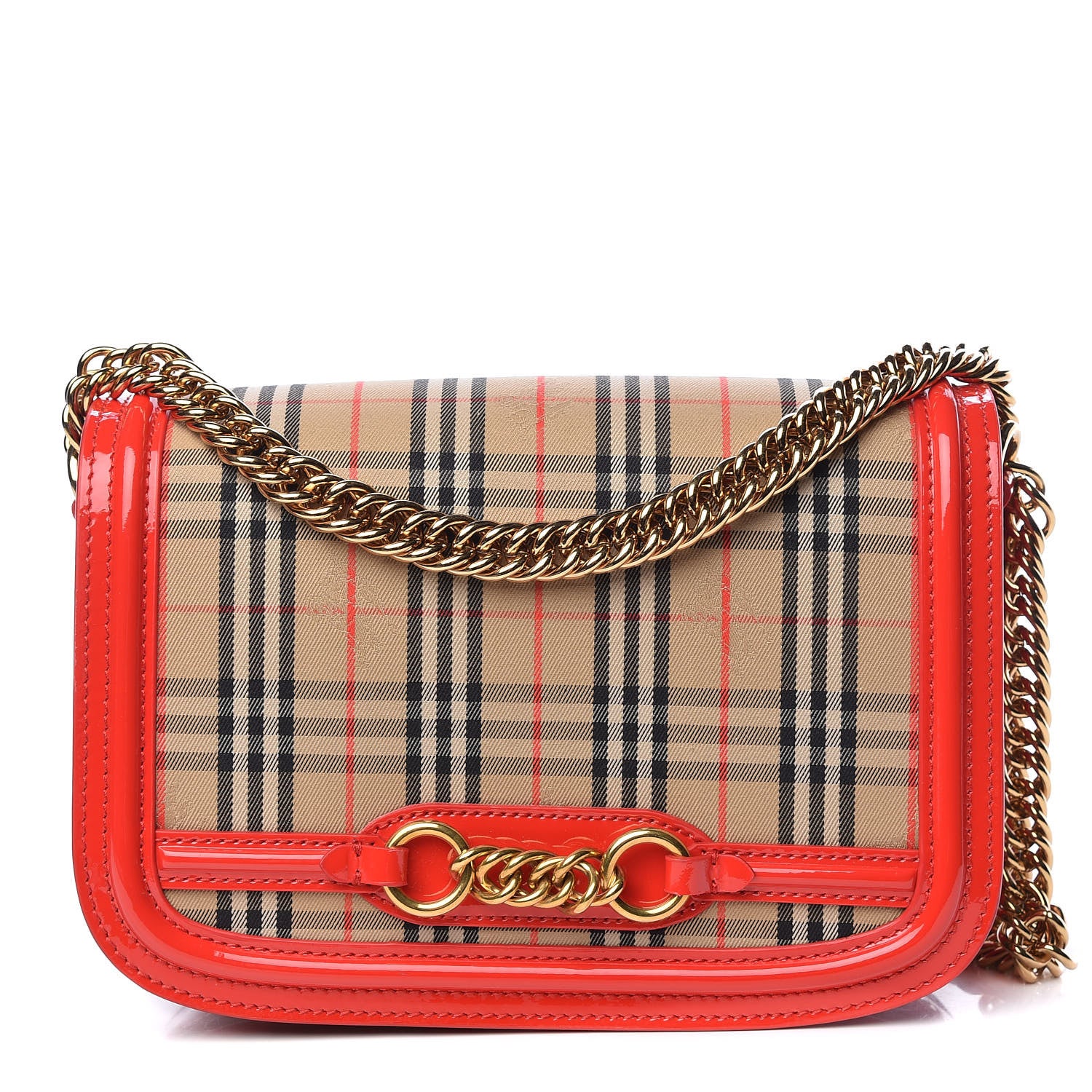 Burberry Patent 1983 Knight Check Link Shoulder Bag Bright Red 1 of 15