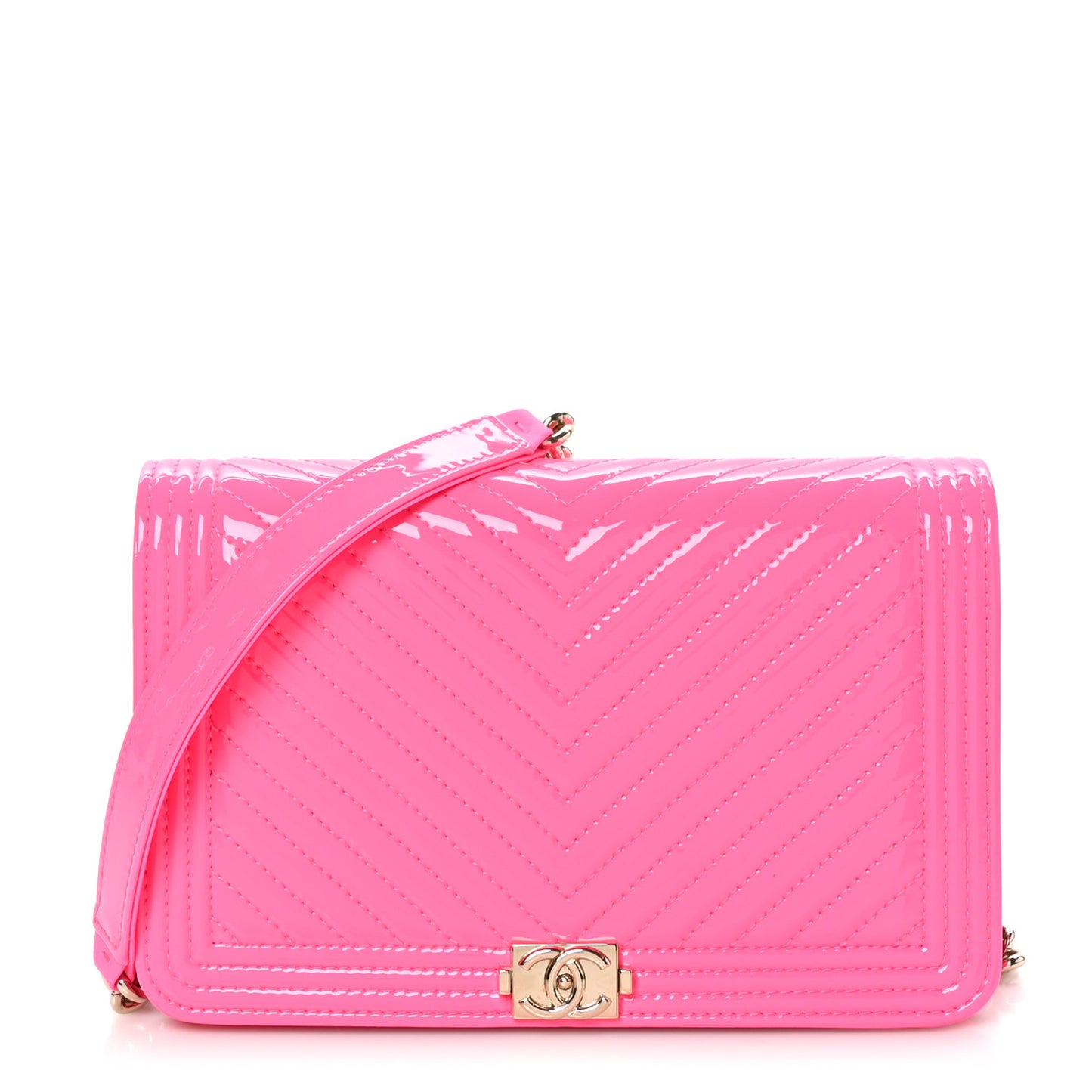 Patent Chevron Quilted Boy Wallet On Chain WOC Rose Pink