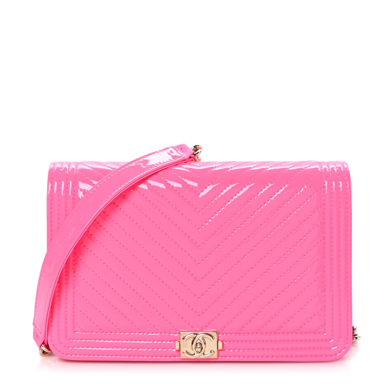 Chanel Patent Chevron Quilted Boy Wallet On Chain WOC Rose Pink 1 of 13