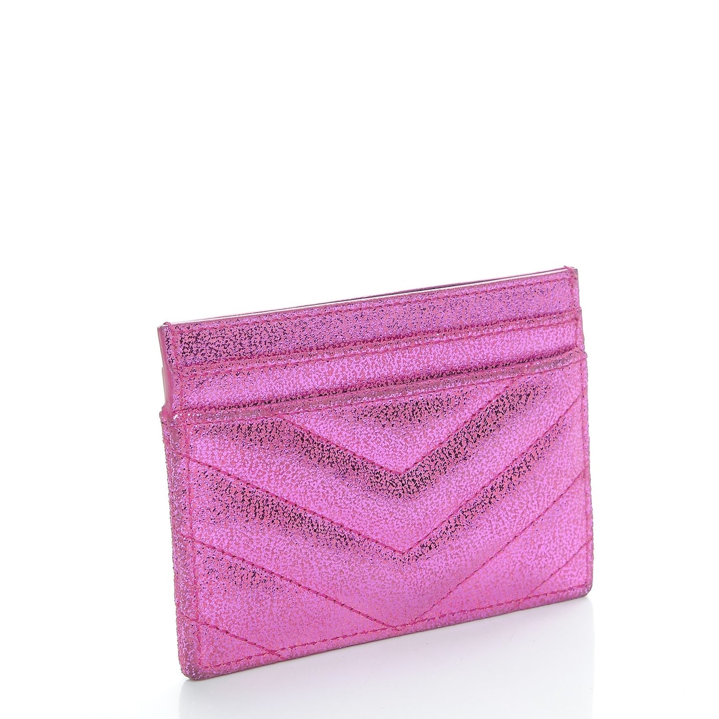 Metallic Crackled Calfskin Matelasse Chevron Monogram Credit Card Case Fuchsia