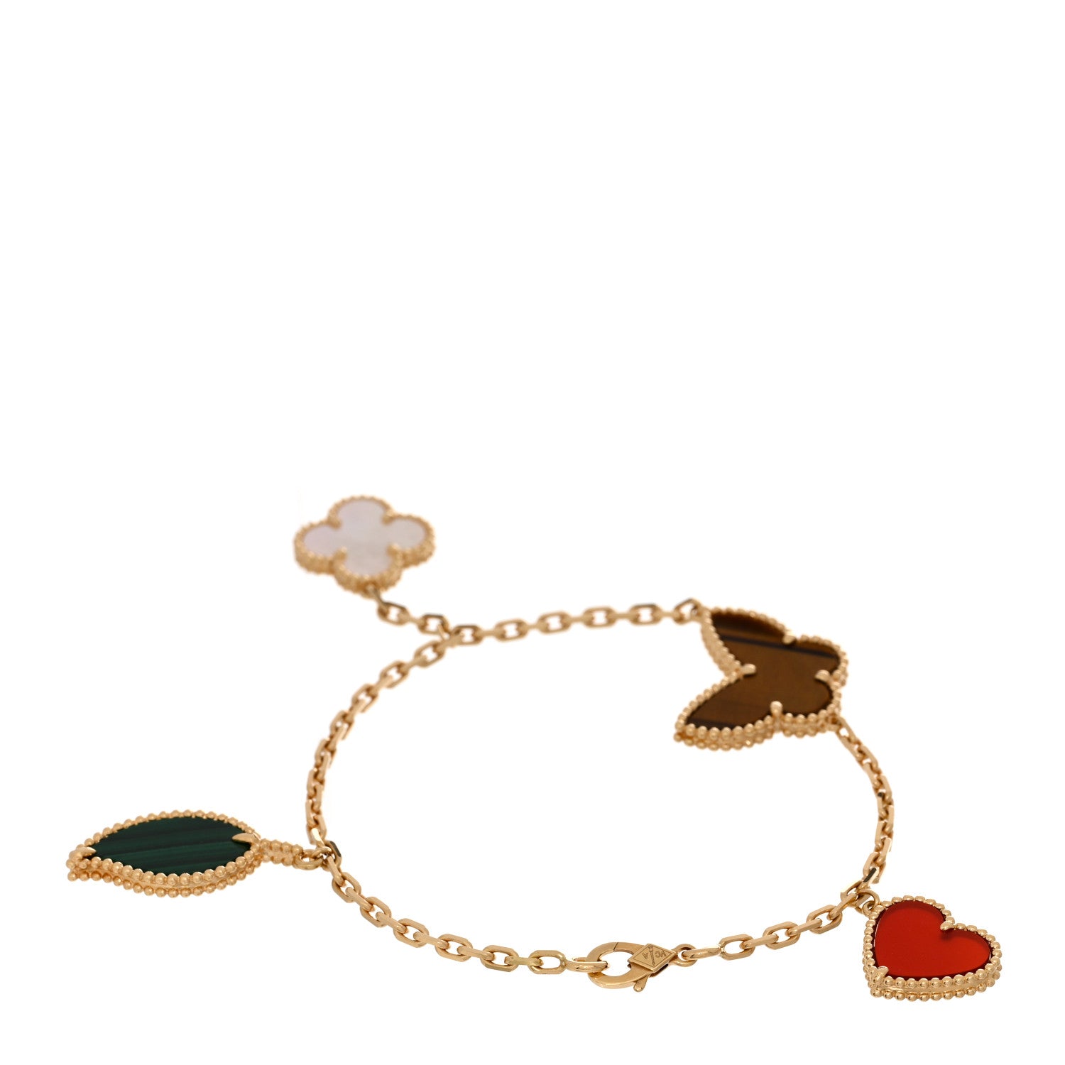 Van Cleef & Arpels 18K Yellow Gold Mother of Pearl Malachite Carnelian Tiger Eye 4 Motifs Lucky Alhambra Bracelet 2 of 4