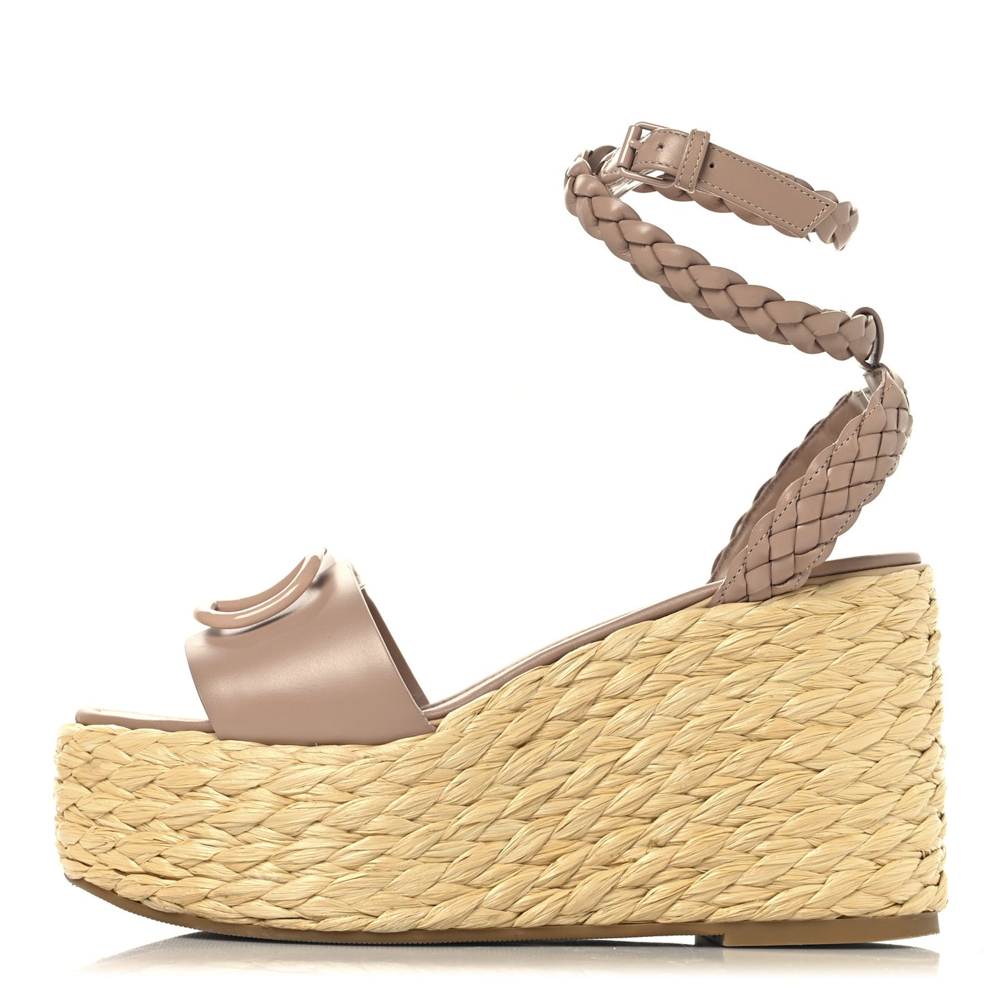 Pebbled Calfskin VLogo Ankle Wrap Espadrille 45/90mm Platform Wedge Sandals 37.5 Poudre