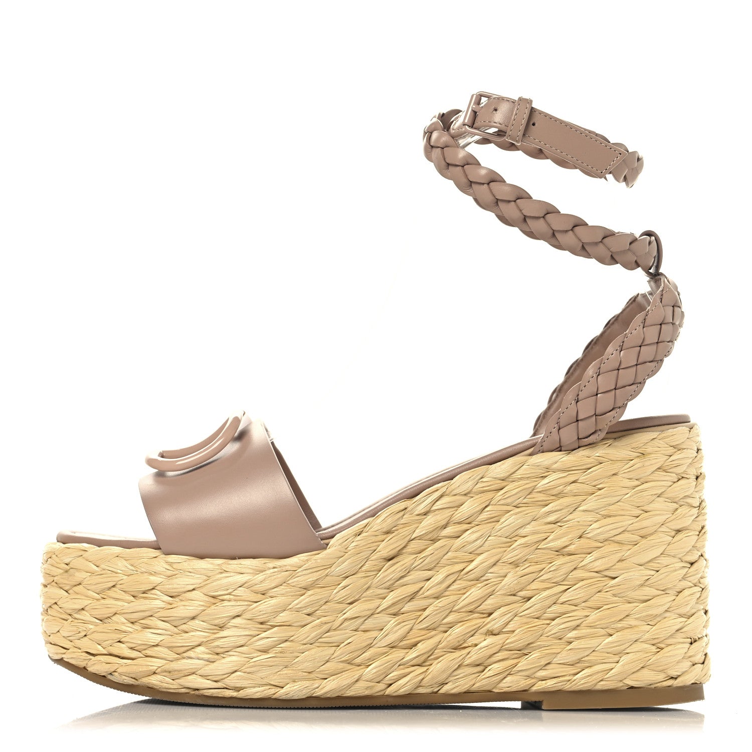 Valentino Garavani Pebbled Calfskin VLogo Ankle Wrap Espadrille 45/90mm Platform Wedge Sandals 37.5 Poudre 1 of 9
