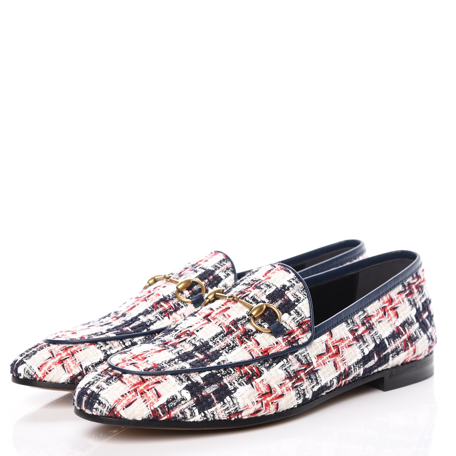 Gucci Tweed Check Horsebit Womens Jordaan Loafers 39 Gardenia Ink Blue Agata 3 of 9