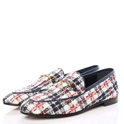 Gucci Tweed Check Horsebit Womens Jordaan Loafers 39 Gardenia Ink Blue Agata 3 of 9