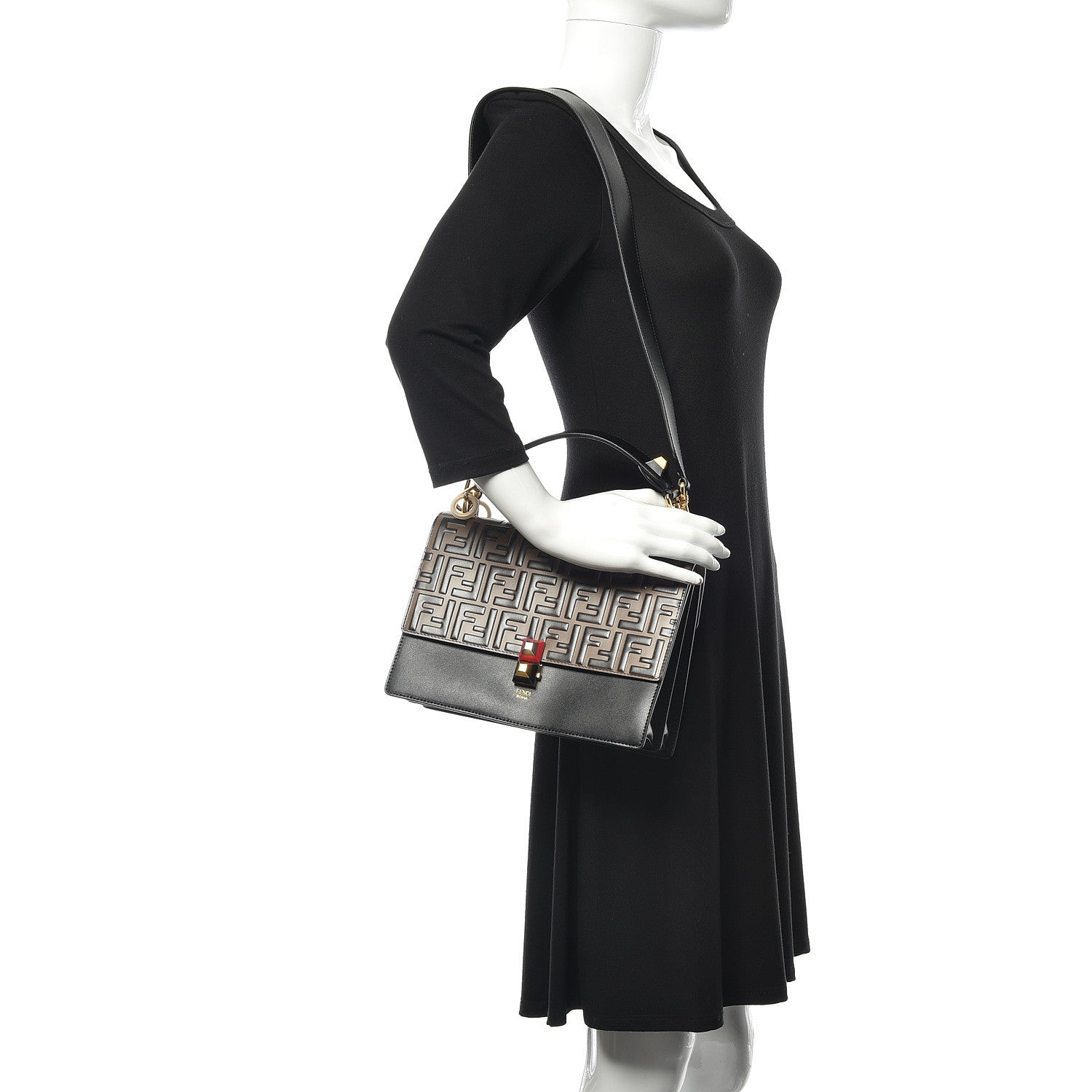 Fendi Vitello Liberty Bi-Color FF 1974 Embossed Kan I Shoulder Bag Black Maya 2 of 9