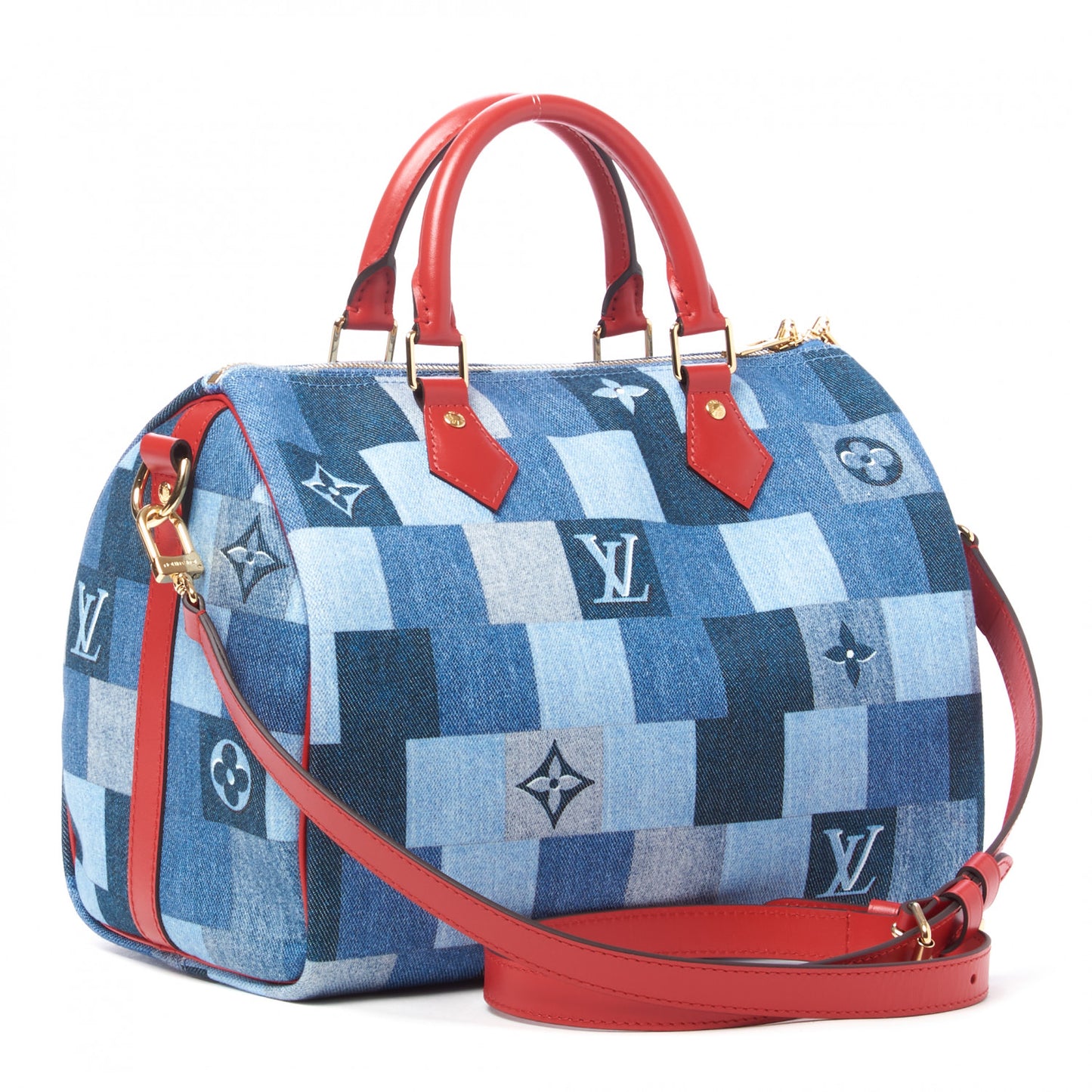 Denim Damier Monogram Patchwork Speedy Bandouliere 30 Blue Rouge