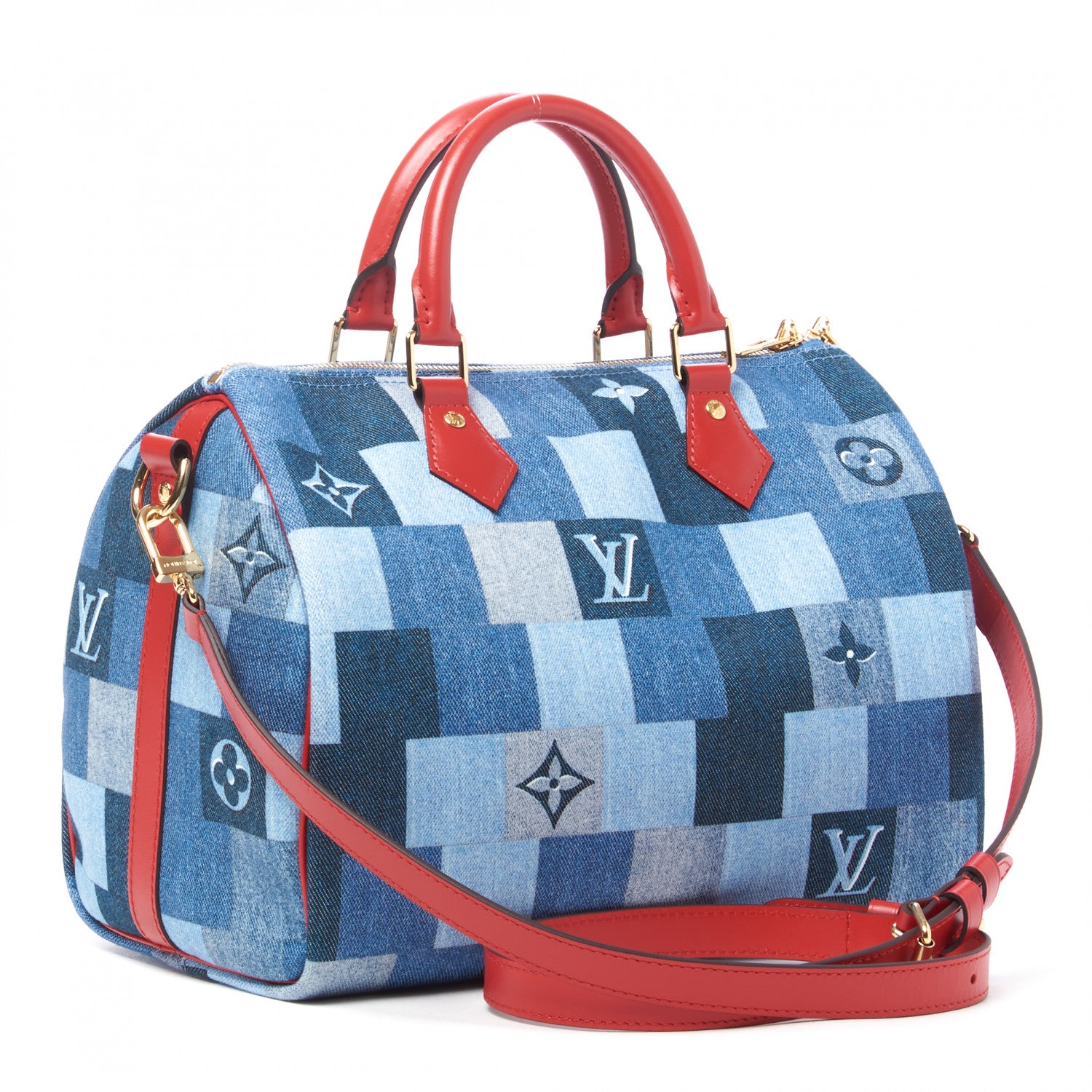 Louis Vuitton Denim Damier Monogram Patchwork Speedy Bandouliere 30 Blue Rouge 3 of 9
