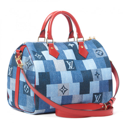 Louis Vuitton Denim Damier Monogram Patchwork Speedy Bandouliere 30 Blue Rouge 3 of 9