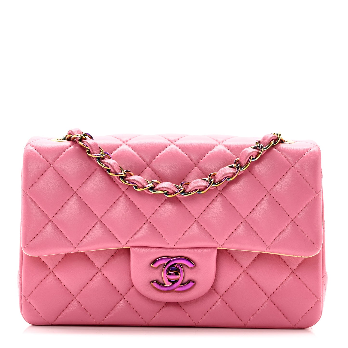 Lambskin Quilted Mini Rectangular Flap Pink Yellow